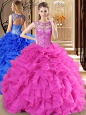 Custom Fit Scoop Floor Length Lace Up Ball Gown Prom Dress Hot Pink and In for Military Ball and Sweet 16 and Quinceanera with Beading and Ruffles