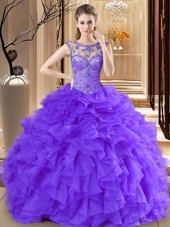 Traditional Scoop Sleeveless Floor Length Beading and Ruffles Lace Up Sweet 16 Dresses with Purple