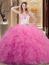 Dramatic Rose Pink Sleeveless Floor Length Embroidery Lace Up Quinceanera Dresses