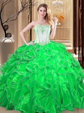 Green Strapless Lace Up Embroidery and Ruffles Sweet 16 Dresses Sleeveless