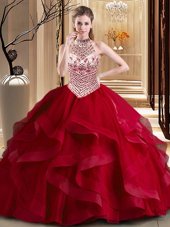 Artistic Wine Red Halter Top Lace Up Beading and Ruffles Quince Ball Gowns Brush Train Sleeveless