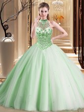 Designer Apple Green Ball Gowns Halter Top Sleeveless Tulle With Brush Train Lace Up Beading Sweet 16 Quinceanera Dress