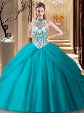 Perfect Halter Top Beading and Pick Ups Quinceanera Dress Teal Lace Up Sleeveless Brush Train