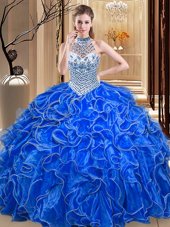 Attractive Ball Gowns Sweet 16 Dresses Royal Blue Halter Top Organza Sleeveless Floor Length Lace Up
