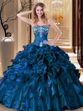 Extravagant Sweetheart Sleeveless Organza Quince Ball Gowns Embroidery and Ruffles Lace Up