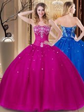 Graceful Fuchsia Tulle Lace Up Quinceanera Dresses Sleeveless Floor Length Beading and Embroidery