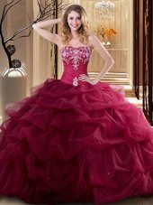 Perfect Wine Red Sleeveless Floor Length Embroidery and Ruffles Lace Up Vestidos de Quinceanera