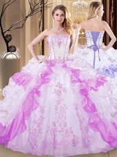 Coral Red Sleeveless Floor Length Embroidery and Ruffles Lace Up Quinceanera Gown