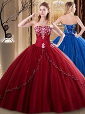 Wine Red Lace Up Sweetheart Embroidery Sweet 16 Dresses Tulle Sleeveless