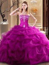 Spectacular Fuchsia Ball Gowns Tulle Sweetheart Sleeveless Embroidery and Pick Ups Floor Length Lace Up Quinceanera Gowns