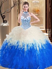 Brush Train Ball Gowns Vestidos de Quinceanera Multi-color Halter Top Fabric With Rolling Flowers Sleeveless With Train Lace Up