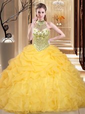 Super Halter Top Sleeveless Organza Floor Length Lace Up Ball Gown Prom Dress in Yellow for with Beading and Ruffles and Pick Ups