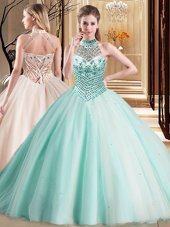 Simple Halter Top Aqua Blue Sleeveless With Train Beading Lace Up Quinceanera Dresses