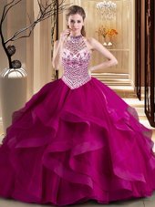 Halter Top Tulle Sleeveless With Train Quinceanera Gown Brush Train and Beading and Ruffles