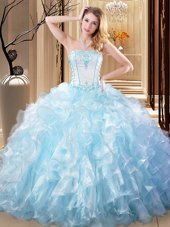 Custom Made Light Blue Strapless Neckline Embroidery and Ruffles Quince Ball Gowns Sleeveless Lace Up
