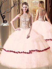 High End Scoop Tulle Sleeveless Floor Length Sweet 16 Quinceanera Dress and Beading and Appliques