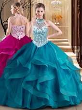 Halter Top Teal Sleeveless Tulle Brush Train Lace Up Sweet 16 Quinceanera Dress for Military Ball and Sweet 16 and Quinceanera