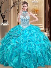 Halter Top Sleeveless Organza Floor Length Lace Up Ball Gown Prom Dress in Aqua Blue for with Beading and Ruffles
