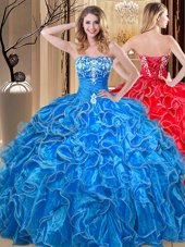 Lovely Blue Lace Up Quince Ball Gowns Embroidery and Ruffles Sleeveless Floor Length