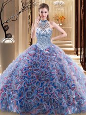 Halter Top Sleeveless Brush Train Lace Up 15 Quinceanera Dress Multi-color Fabric With Rolling Flowers