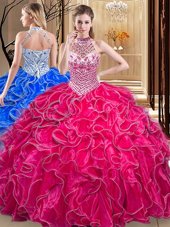 Sweet Hot Pink Ball Gowns Organza Halter Top Sleeveless Beading and Ruffles Floor Length Lace Up Sweet 16 Dresses