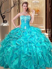 Deluxe Aqua Blue Ball Gowns Sweetheart Sleeveless Organza Floor Length Lace Up Embroidery and Ruffles Sweet 16 Dresses