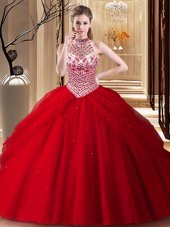Halter Top Sleeveless Quinceanera Gown With Brush Train Beading and Pick Ups Red Tulle