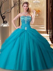 Classical Teal Sleeveless Tulle Lace Up Quinceanera Gowns for Military Ball and Sweet 16 and Quinceanera