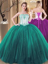 Designer Green Quinceanera Gowns Military Ball and Sweet 16 and Quinceanera and For with Embroidery Strapless Sleeveless Lace Up