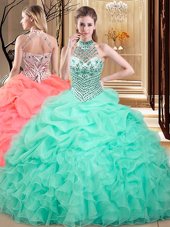 Fancy Apple Green Halter Top Neckline Beading and Ruffles and Pick Ups Quinceanera Gowns Sleeveless Lace Up