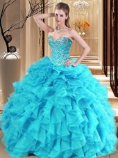 Aqua Blue and Turquoise Lace Up 15th Birthday Dress Beading and Ruffles Sleeveless Floor Length