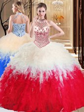 White And Red Tulle Lace Up Halter Top Sleeveless Floor Length Quince Ball Gowns Beading and Ruffles