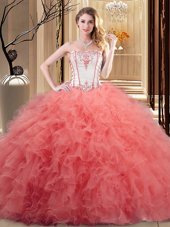 Hot Selling Watermelon Red and Orange Organza Lace Up Strapless Sleeveless Floor Length Sweet 16 Dress Embroidery and Ruffled Layers