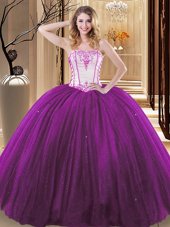 White And Purple Strapless Lace Up Embroidery Sweet 16 Dress Sleeveless