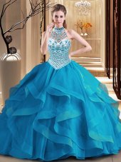 Fine Blue Halter Top Lace Up Beading and Ruffles Vestidos de Quinceanera Brush Train Sleeveless