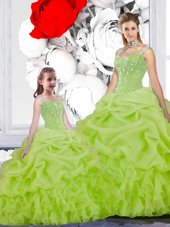 Sleeveless Organza Floor Length Lace Up Quinceanera Dresses in Yellow Green for with Beading and Ruffles and Pick Ups