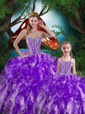 Eggplant Purple Ball Gowns Sweetheart Sleeveless Organza Floor Length Lace Up Beading and Ruffles 15th Birthday Dress