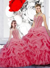 Pick Ups Straps Sleeveless Lace Up Quinceanera Gowns Rose Pink Organza