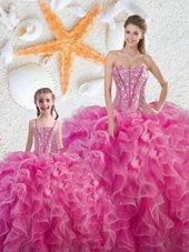 Hot Pink Sweetheart Lace Up Beading and Ruffles Quinceanera Gowns Sleeveless