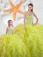 Best Selling Yellow Green Ball Gowns Organza Sweetheart Sleeveless Beading and Ruffles Floor Length Lace Up Quinceanera Dress