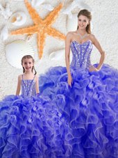 Blue Sweetheart Neckline Beading and Ruffles Quince Ball Gowns Sleeveless Lace Up