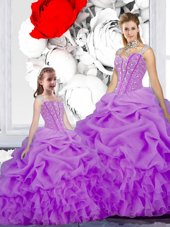 Straps Straps Sleeveless Floor Length Beading and Ruffles and Pick Ups Lace Up Vestidos de Quinceanera with Purple