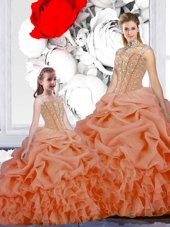 Eye-catching Straps Straps Orange Ball Gowns Beading and Ruffles and Pick Ups Sweet 16 Dresses Lace Up Organza Sleeveless Floor Length