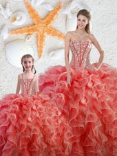 Coral Red Organza Lace Up Quinceanera Dresses Sleeveless Floor Length Beading and Ruffles
