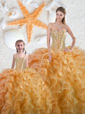 Sleeveless Organza Floor Length Lace Up Quinceanera Gown in Yellow for with Beading