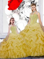 Enchanting Straps Straps Yellow Sleeveless Beading and Ruffles and Pick Ups Floor Length 15th Birthday Dress