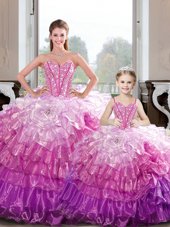 Fine Hot Pink Sleeveless Floor Length Beading and Ruffles Lace Up Quinceanera Dresses