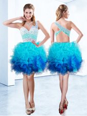 Exquisite A-line Cocktail Dresses Aqua Blue One Shoulder Organza Sleeveless Knee Length Criss Cross