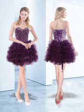 Organza Sweetheart Sleeveless Lace Up Beading and Ruffles Womens Party Dresses in Dark Purple