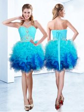 Modern Blue Organza Lace Up Sweetheart Sleeveless Knee Length Teens Party Dress Beading and Ruffles and Ruching